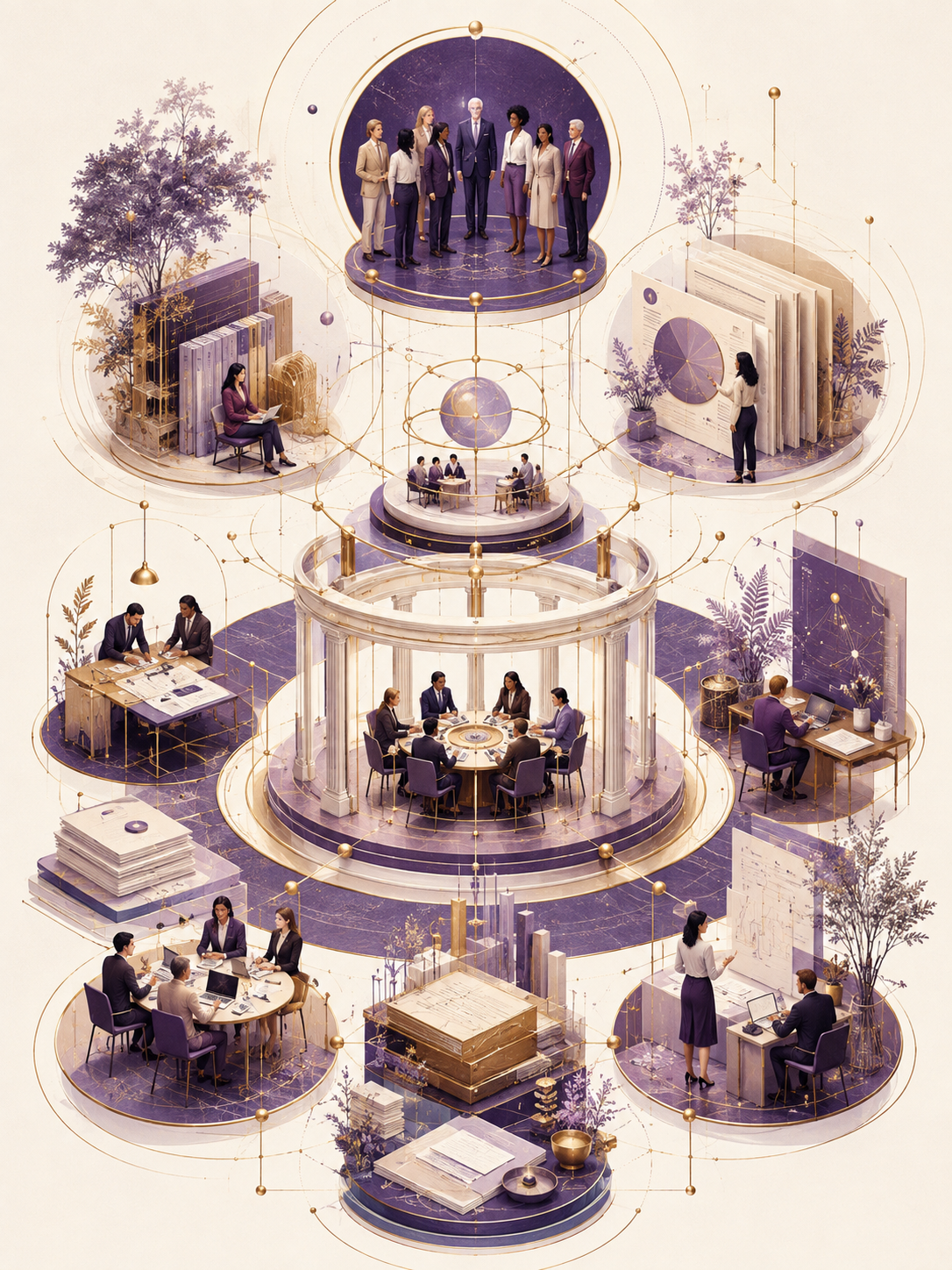 Illustration of people, governance, documents, finance, and records in one connected system