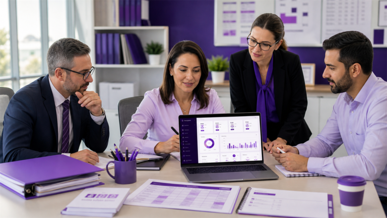 School administrators using admin software for schools with records, fees, communication notes, reports, and planning documents in Asovex colors