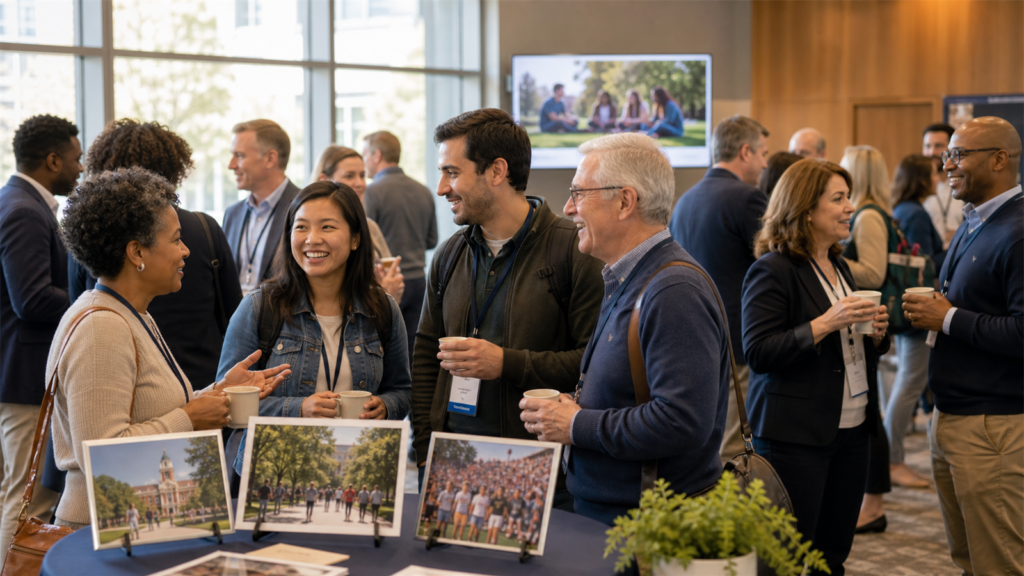 Alumni from different graduating years networking and reconnecting at a reunion event