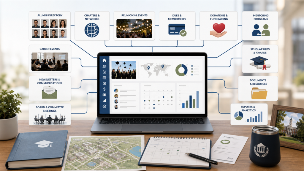Alumni association workflow showing alumni directory, chapters, reunions, dues, donations, mentoring, scholarships, documents, and reports