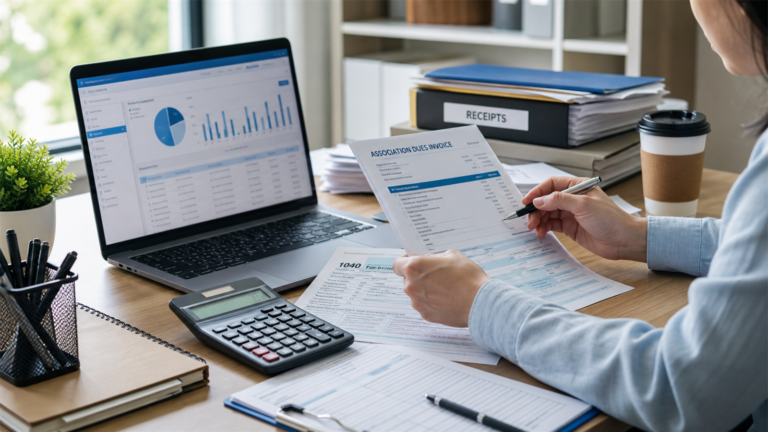 Association dues invoice, tax documents, calculator, receipts, and laptop on a professional desk