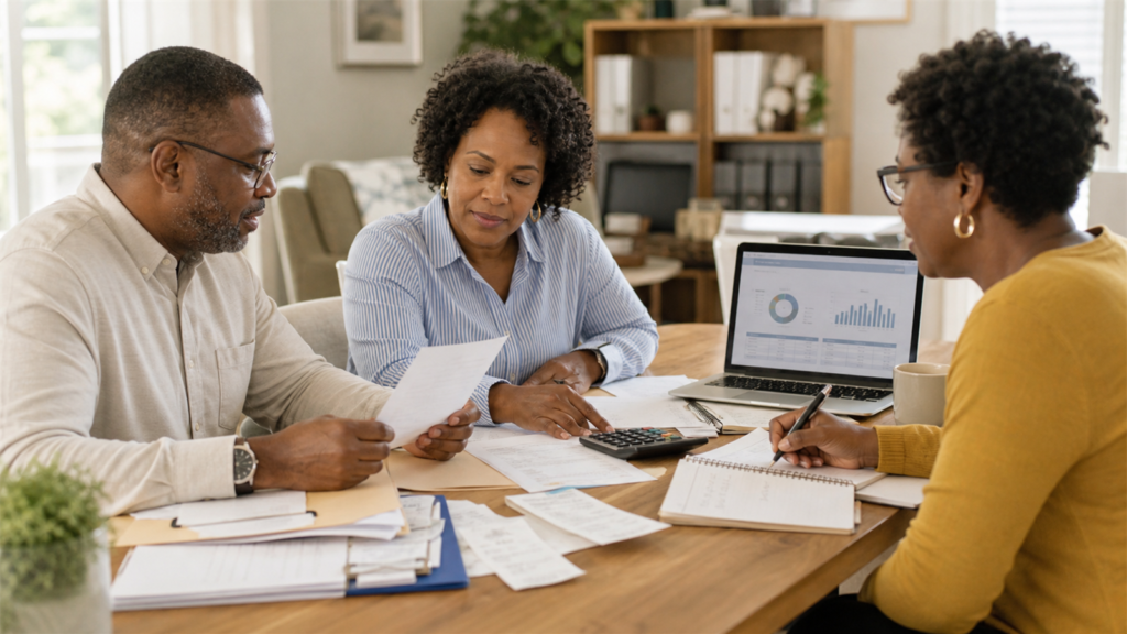 Association leaders reviewing dues receipts and financial records during a finance meeting