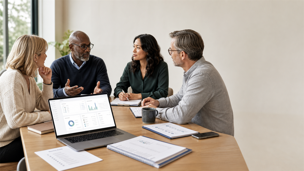 Association management workflow showing members, dues, meetings, documents, voting, reports, and communication