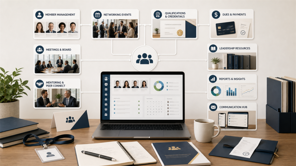 Business executive association workflow with members, dues, events, qualifications, mentoring, reports, and communication