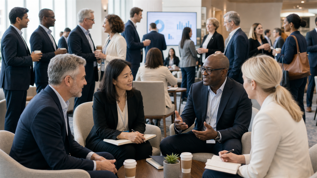 Business executives networking and discussing leadership development at a professional association event