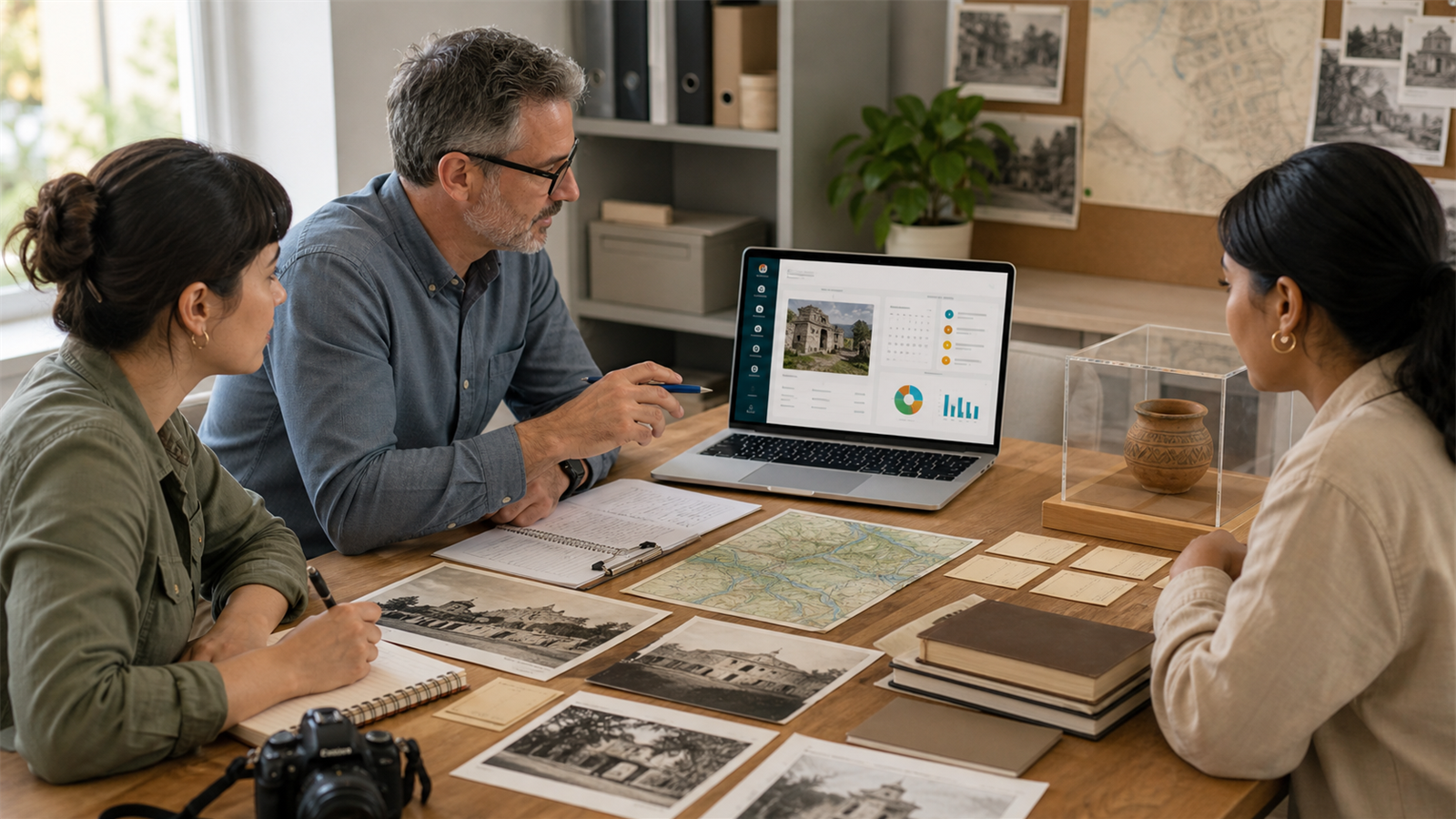 Heritage team reviewing cultural records, site maps, archive photos, and a digital dashboard