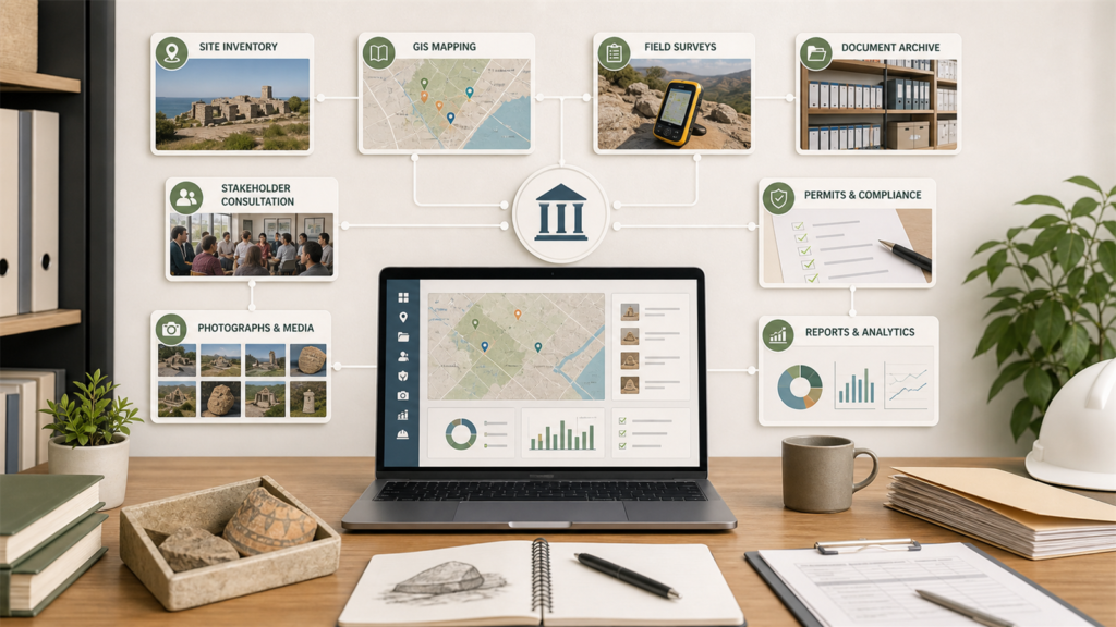 Cultural resource management workflow with site inventory, GIS map, archives, consultation, reports, and preservation projects