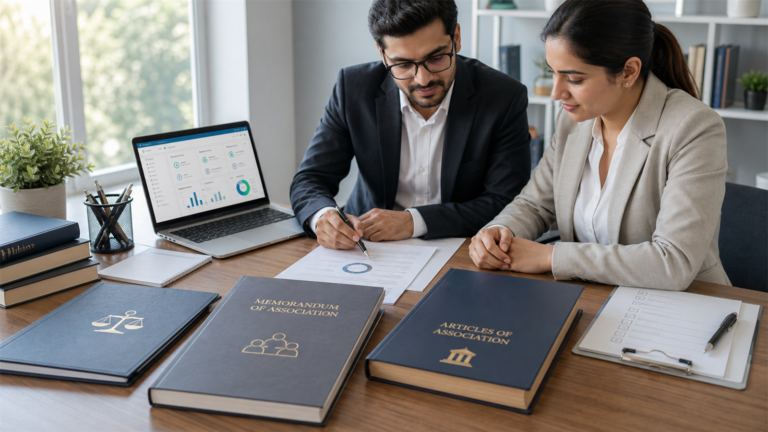 Company formation documents, memorandum and articles folders, incorporation checklist, and laptop on a professional desk