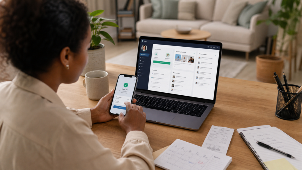 Association member using a laptop and phone to access a digital member portal