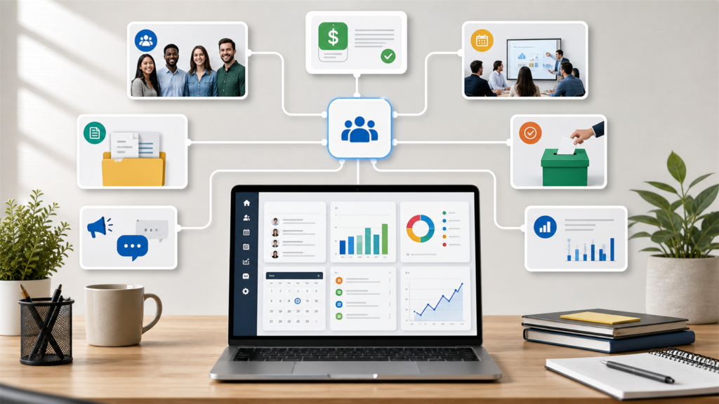 Digital association workflow connecting members, dues, meetings, documents, voting, reports, and communication
