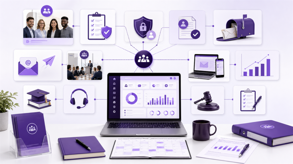 Direct marketing association workflow showing members, standards, data privacy, consent, campaigns, events, training, reports, and code of conduct