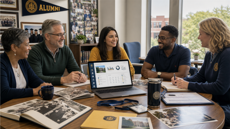 Alumni association leaders planning engagement, reunions, dues, and mentoring with a laptop dashboard and alumni records