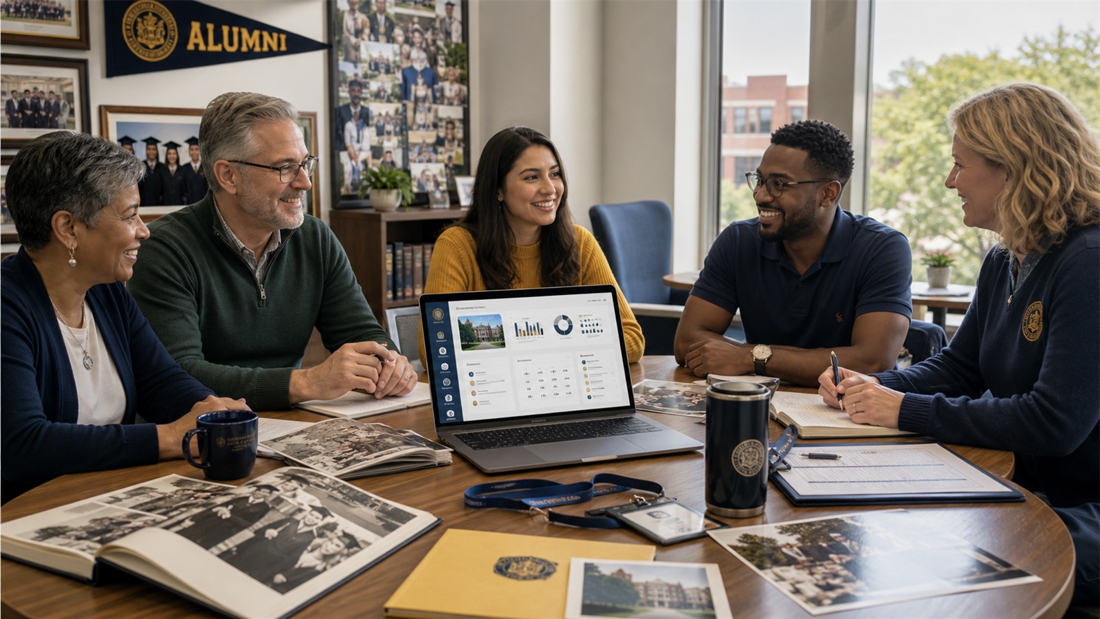 Alumni association leaders planning engagement, reunions, dues, and mentoring with a laptop dashboard and alumni records