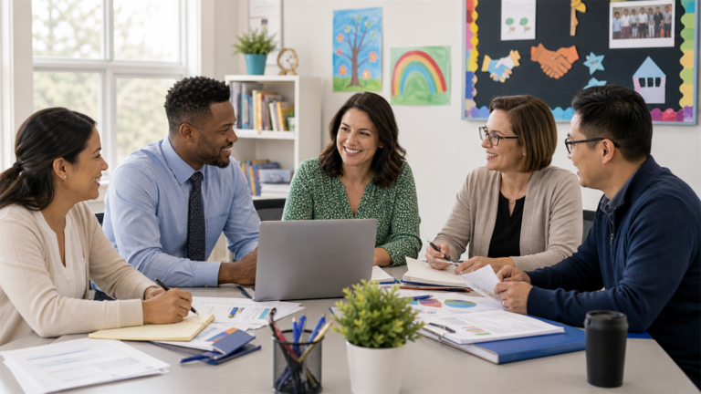Parents, teachers, and school leaders planning PTA meetings, events, volunteering, and student support