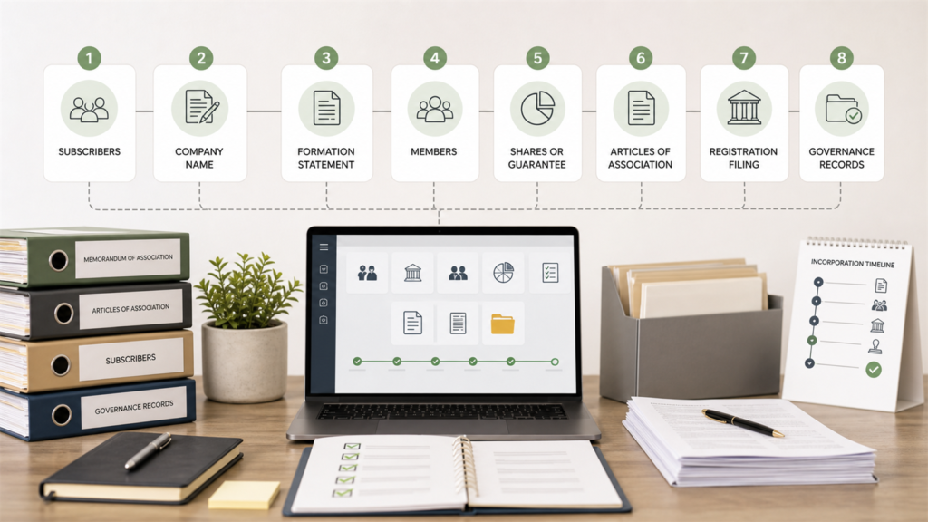 Memorandum of association workflow showing subscribers, company name, formation statement, articles, registration filing, and governance records
