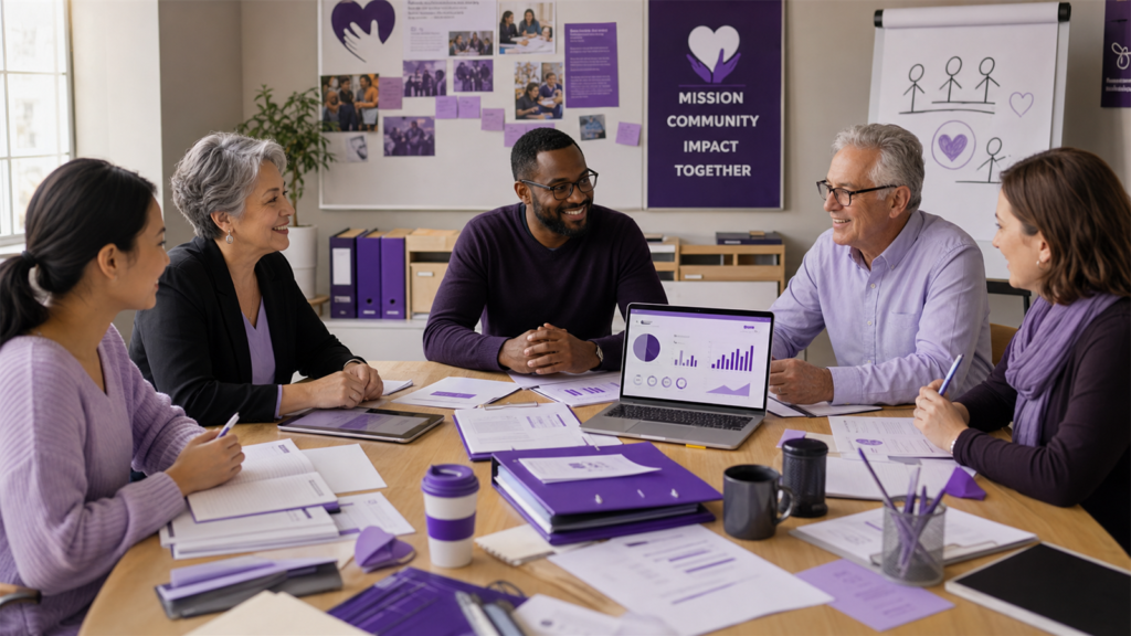 Founding board members planning a nonprofit association with mission notes, bylaws draft, budget sheet, and launch calendar