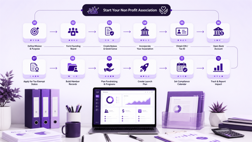Nonprofit association startup workflow showing mission, founding board, bylaws, incorporation, tax ID, tax exemption, members, fundraising, compliance, and reports