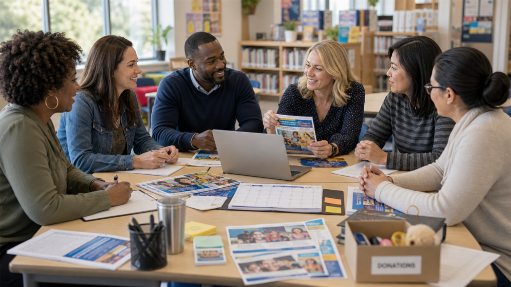 Parents and teachers collaborating during a PTA event planning meeting in a school library