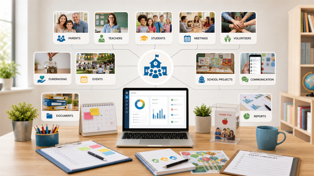 Parent teacher association workflow showing parents, teachers, students, meetings, volunteers, fundraising, events, communication, and reports