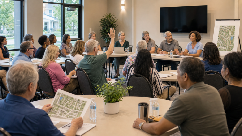 Property owners attending a community association meeting in a neighborhood clubhouse