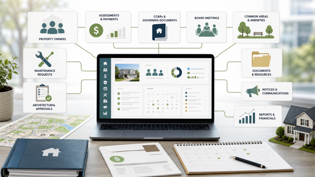 Property owners association workflow showing owners, assessments, governing documents, board meetings, common areas, maintenance, notices, and reports