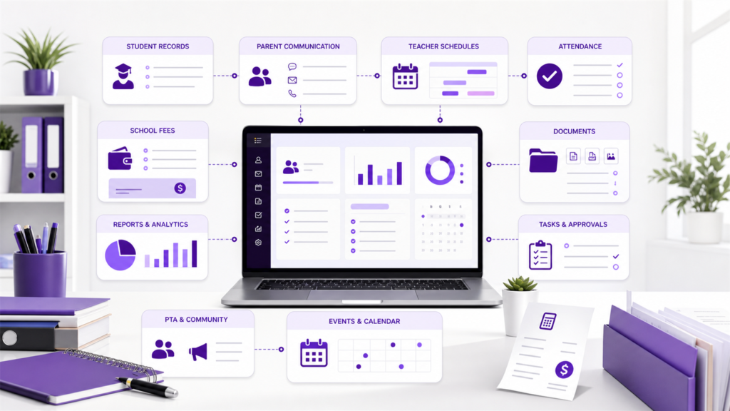 School admin software workflow showing student records, parent communication, staff schedules, fees, attendance, reports, documents, tasks, and events