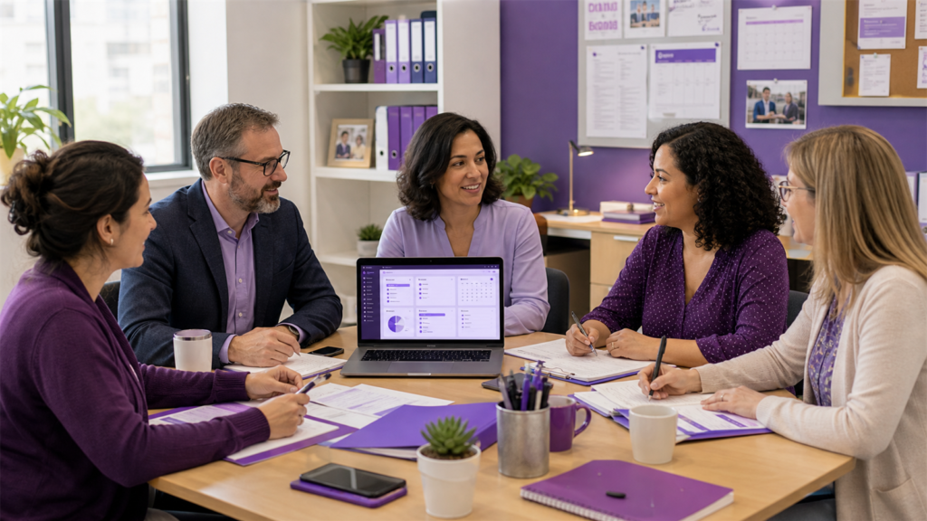 School administrators, teachers, and parent representatives planning tasks, communication, fees, events, and reports with admin software