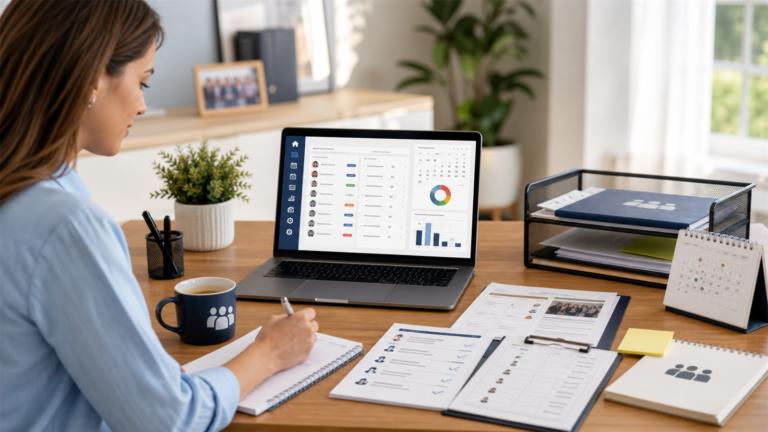 Association administrator using software for task tracking with calendar, meeting agenda, dues reminders, and document checklist