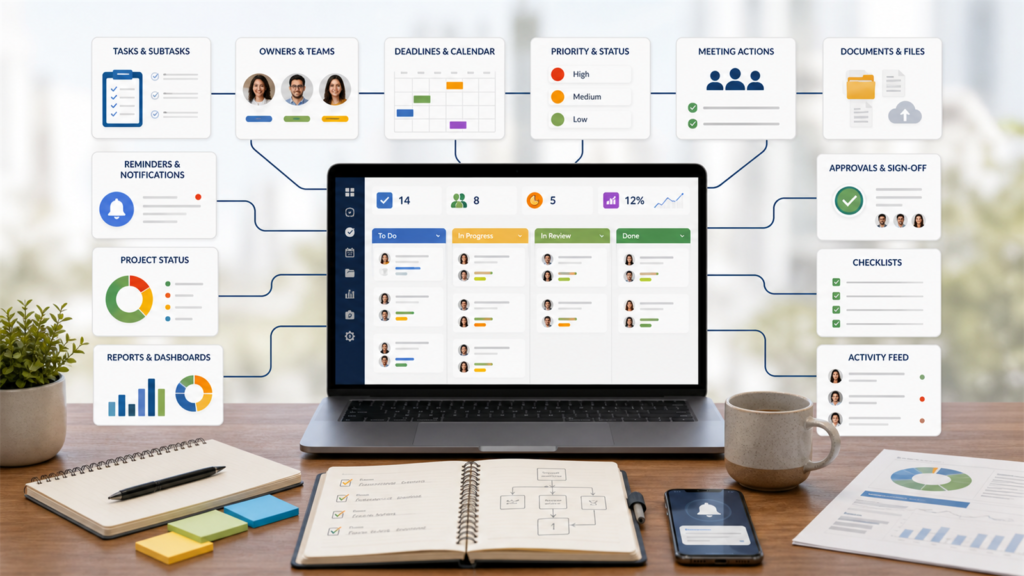 Task tracking software workflow showing tasks, owners, deadlines, priorities, documents, reminders, reports, and approvals
