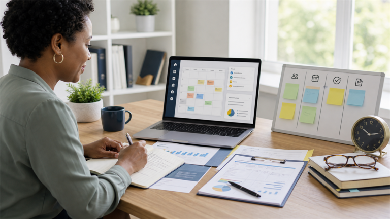 Association administrator planning tasks with a laptop dashboard, calendar, notebook, and meeting agenda