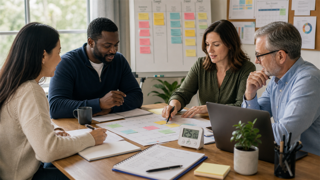 Association team using time management techniques during a planning meeting with calendar, timer, and task board