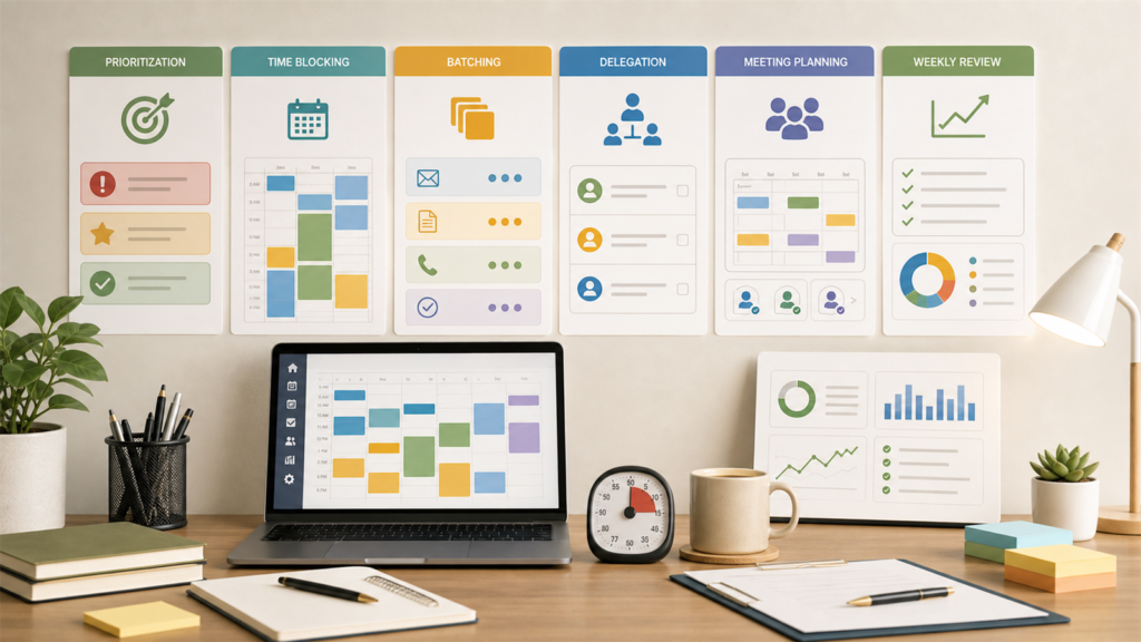 Visual workflow of time management techniques including prioritization, time blocking, batching, delegation, and review