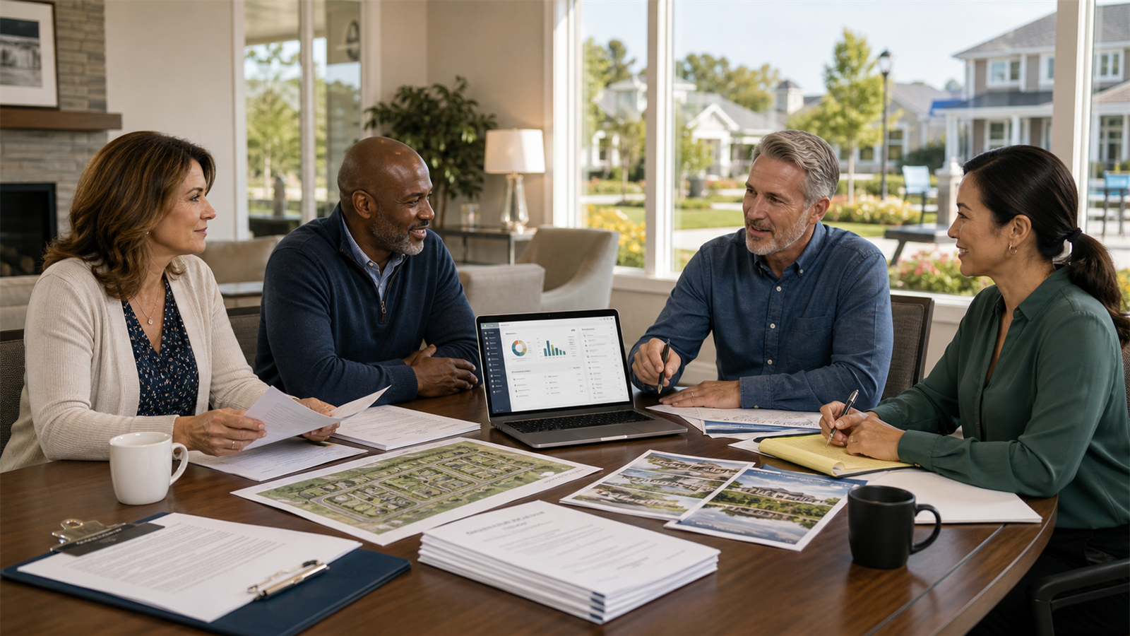 Property owners association board members reviewing community documents, dues notices, a neighborhood map, and a laptop dashboard