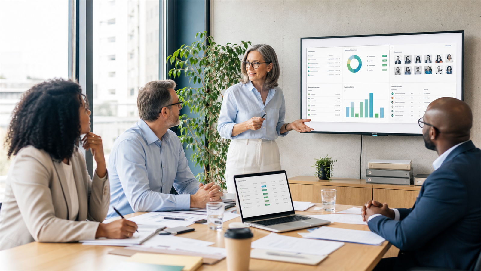 Association leaders reviewing a digital membership dashboard during a board meeting