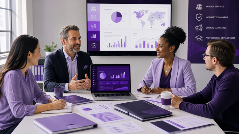 Marketing association leaders reviewing responsible marketing standards, member records, campaign compliance, and analytics in Asovex-themed colors
