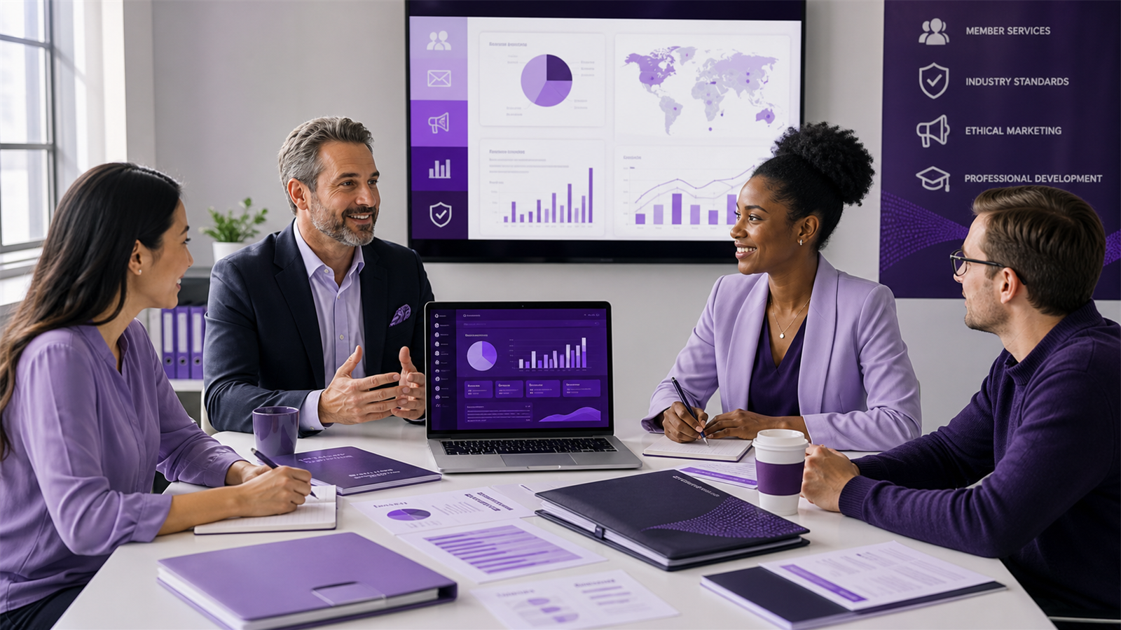 Marketing association leaders reviewing responsible marketing standards, member records, campaign compliance, and analytics in Asovex-themed colors