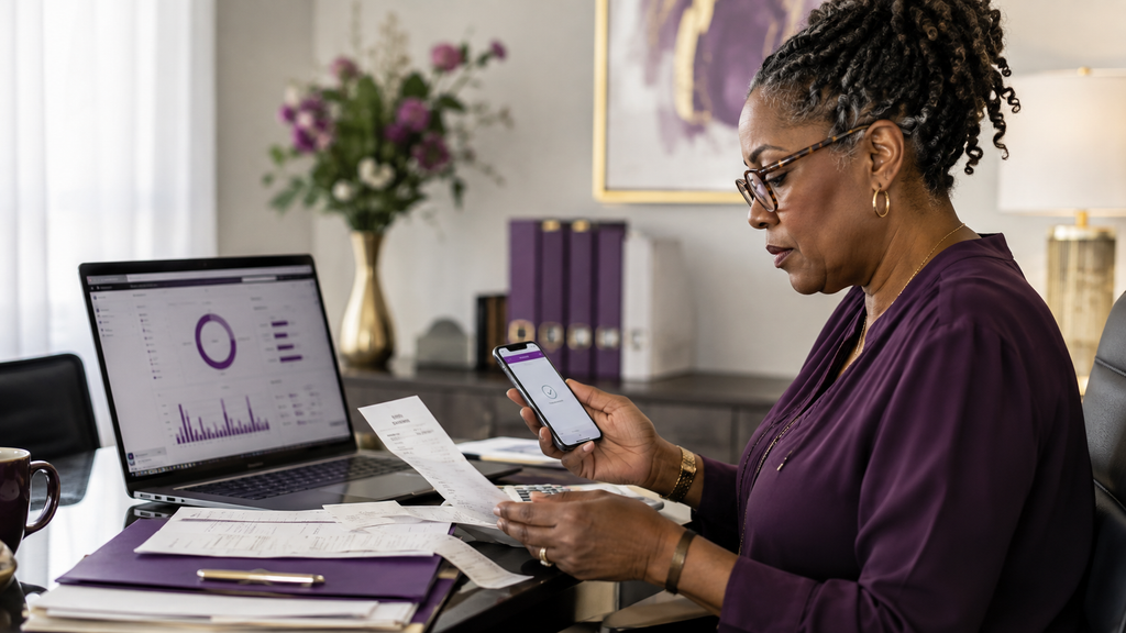 Association treasurer reconciling payment receipts with membership dues records on a laptop