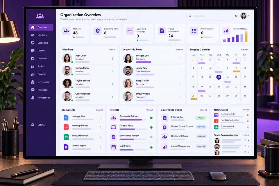 Connected organization workspace showing members, roles, meetings, documents, projects, finance, governance, and communication